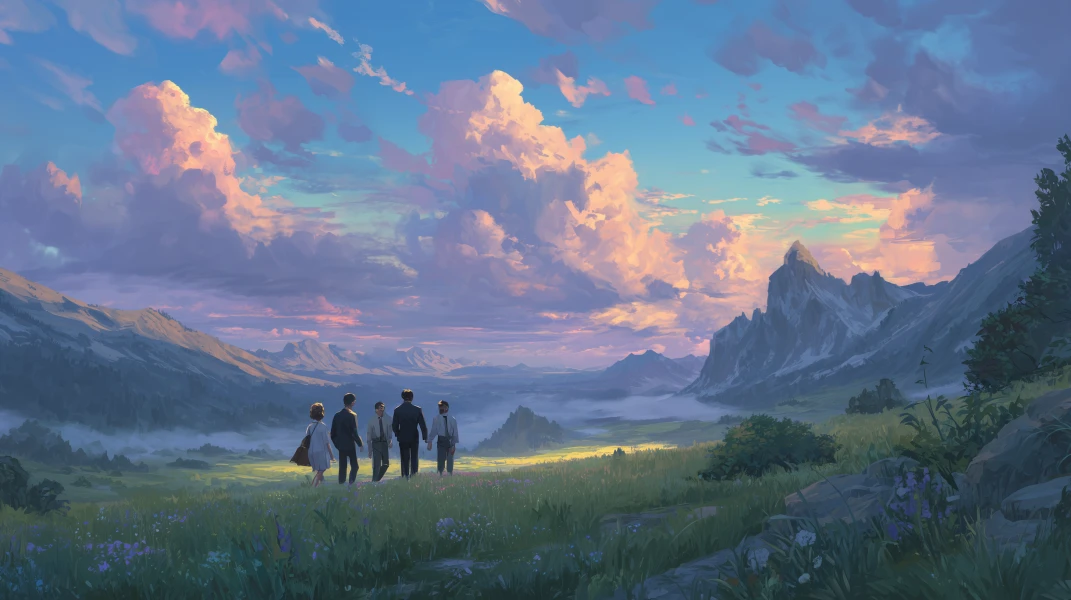 Team collaboration in mountain landscape